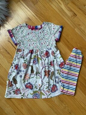 Tea White Floral Plaid Dress with Hanna Andersson Multicolor Stripe Leggings